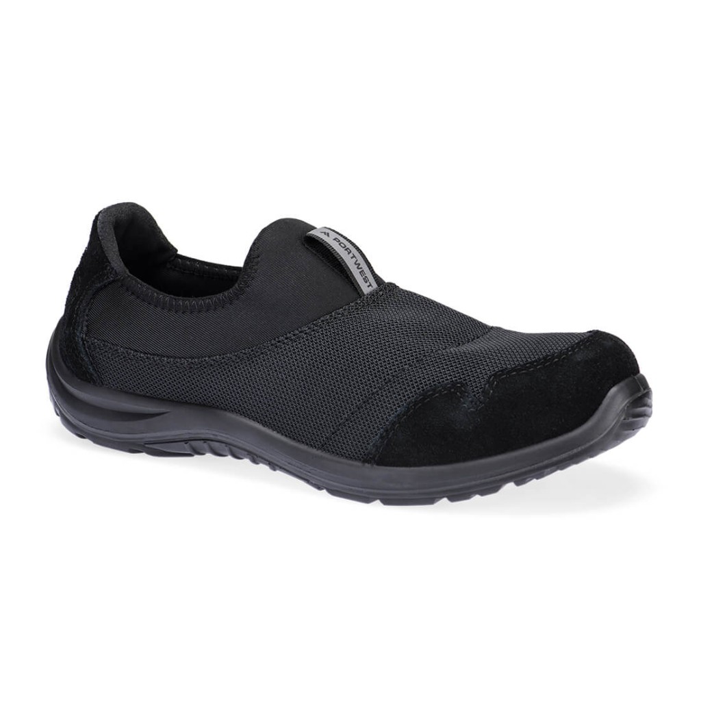 A black safety trainer with a composite toecap, a cushioned insole, and a lightweight anti-slip sole, suitable for lighter-duty site work.