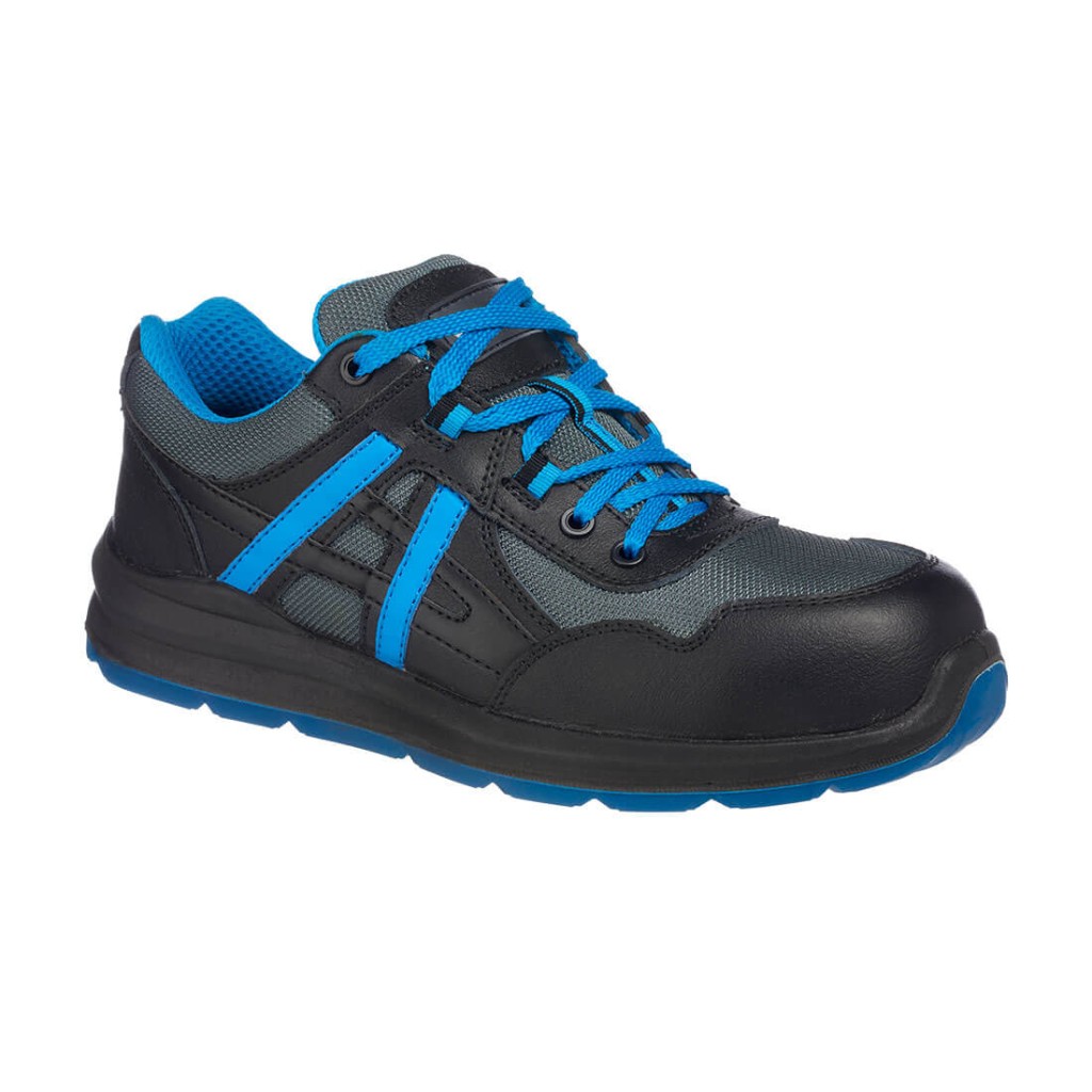 A black safety trainer with a composite toecap, a cushioned insole, and a lightweight anti-slip sole, suitable for lighter-duty site work.