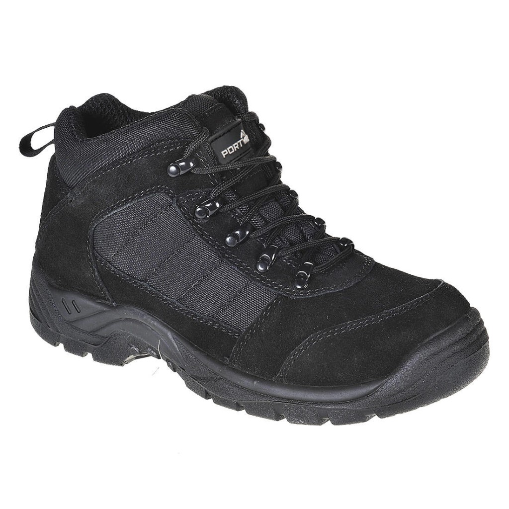 A black composite safety boot with an anti-slip sole and padded collar, designed for comfort and protection during extended site work.