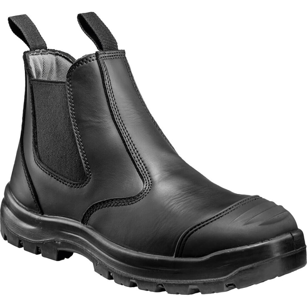 A black leather safety boot with an anti-slip sole and padded collar, designed for comfort and protection during extended site work.