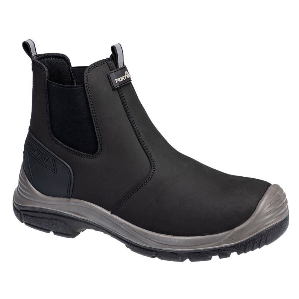 A black composite safety boot with an anti-slip sole and padded collar, designed for comfort and protection during extended site work.