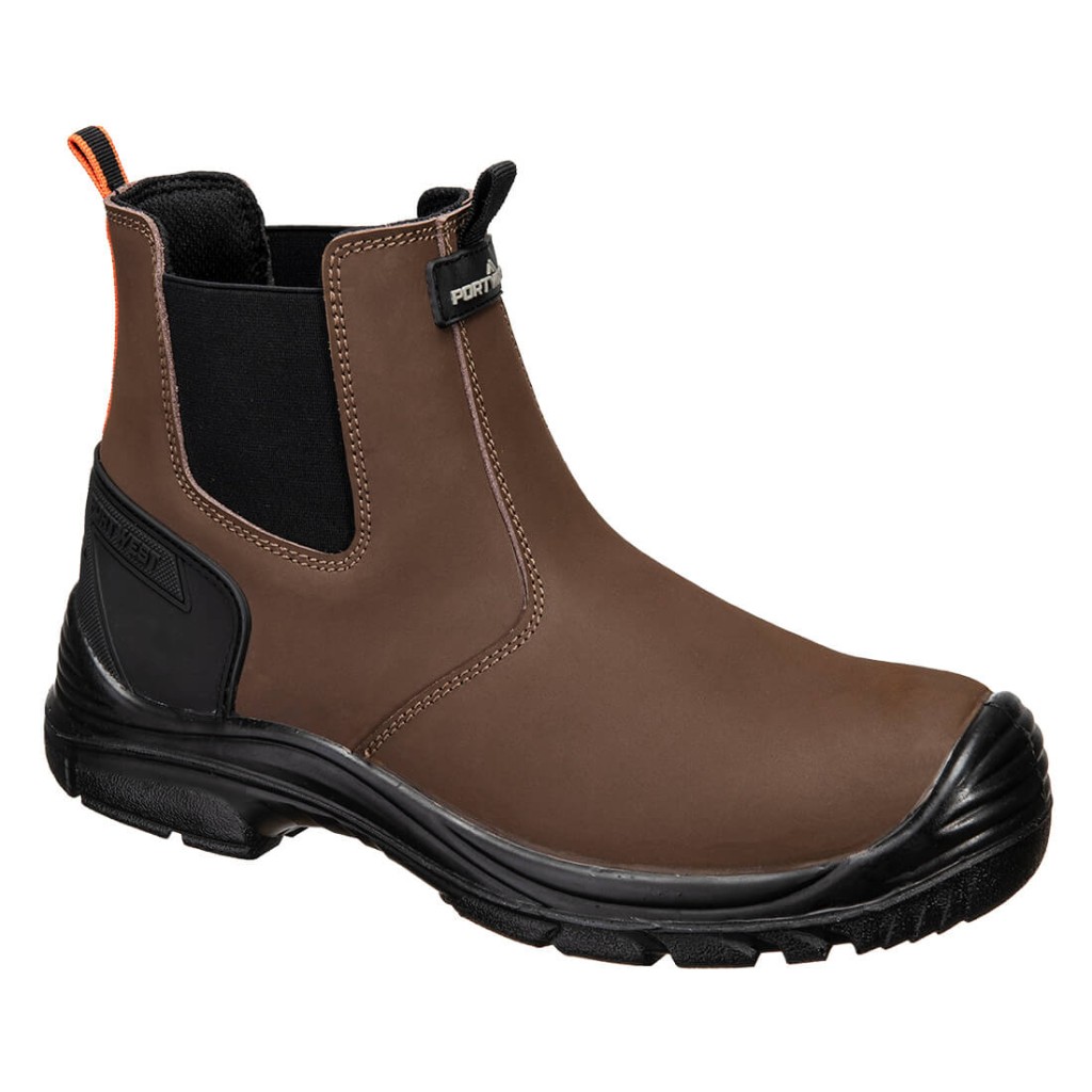 A brown composite safety boot with an anti-slip sole and padded collar, designed for comfort and protection during extended site work.