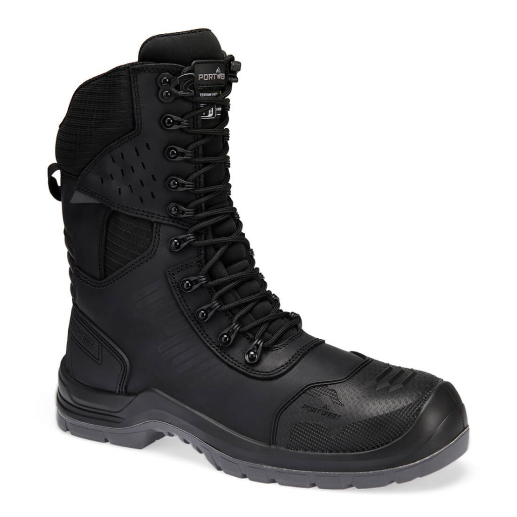 A black leather safety boot with a composite toecap and anti-slip sole, providing lightweight safety protection for site and industrial use.