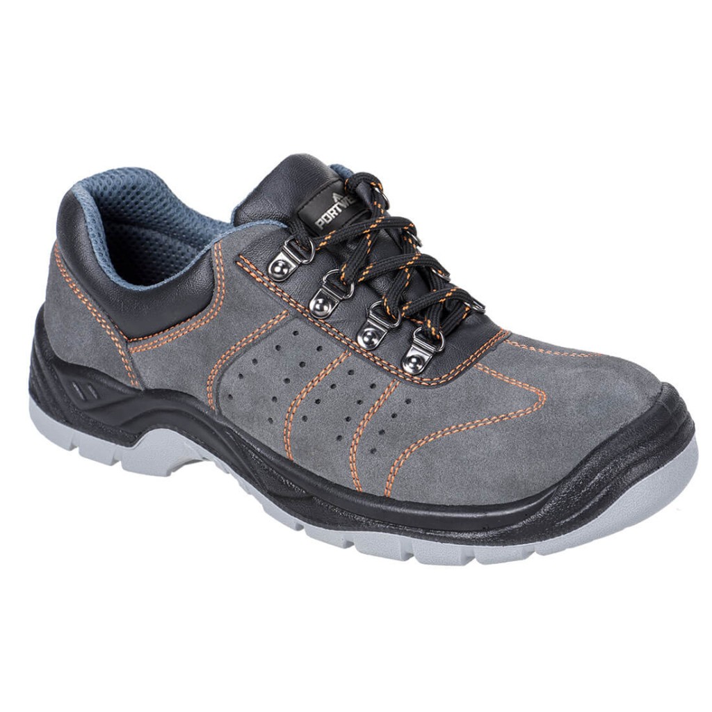 A grey safety trainer with a composite toecap, a cushioned insole, and a lightweight anti-slip sole, suitable for lighter-duty site work.