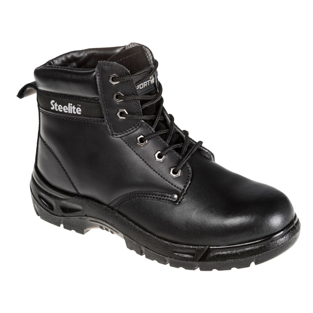 A black leather safety boot with an anti-slip sole and padded collar, designed for comfort and protection during extended site work.