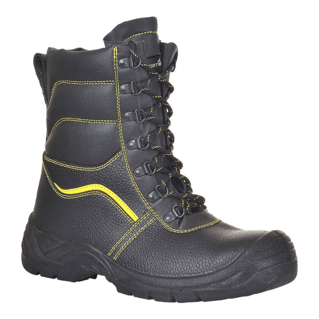 A black leather safety boot with an anti-slip sole and padded collar, designed for comfort and protection during extended site work.