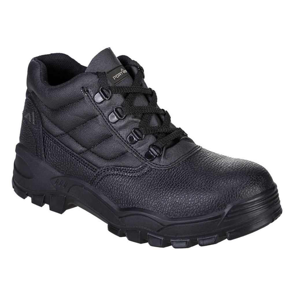 A black leather safety boot with an anti-slip sole and padded collar, designed for comfort and protection during extended site work.