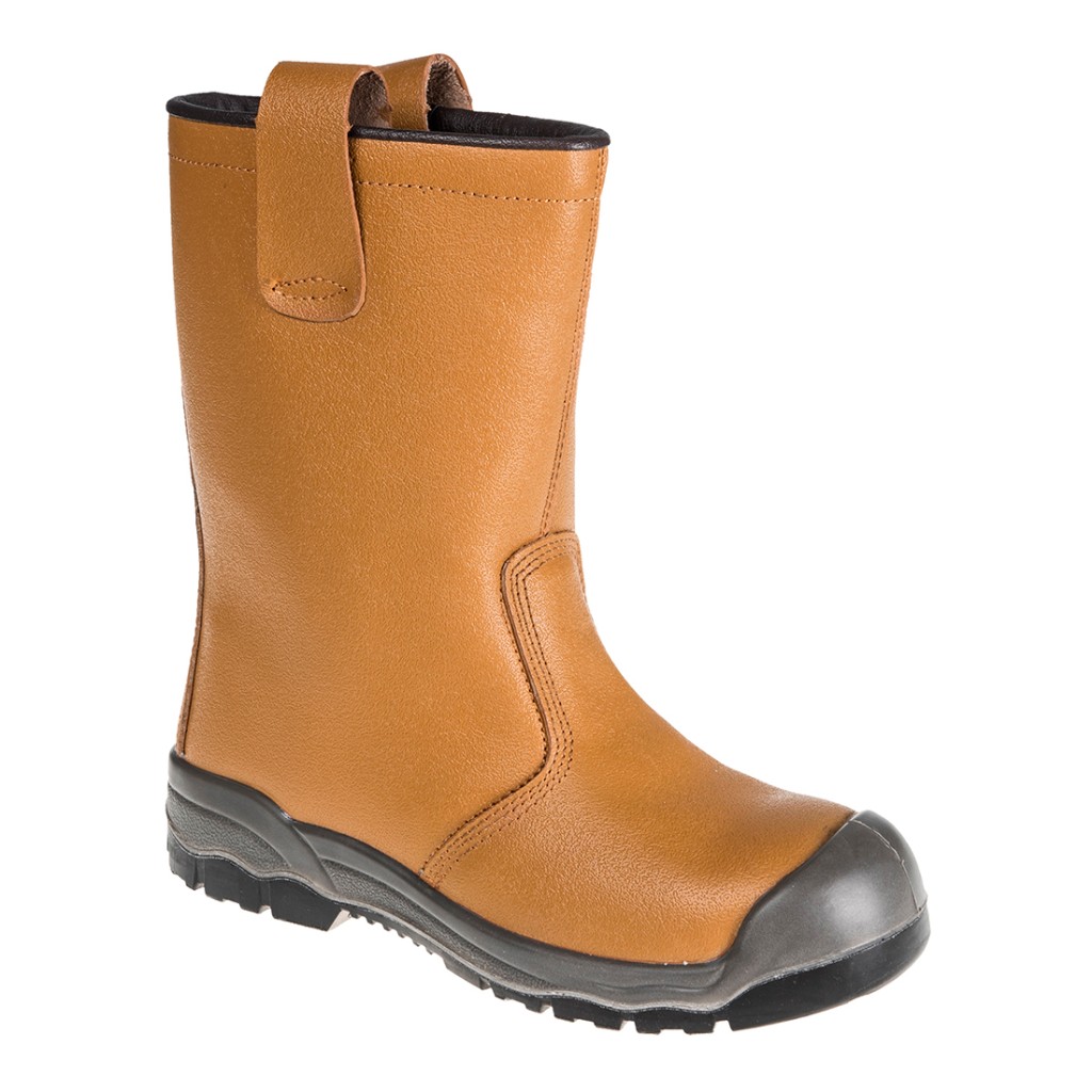 A tan leather safety boot with an anti-slip sole and padded collar, designed for comfort and protection during extended site work.
