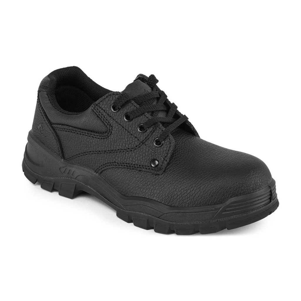 A black safety trainer with a composite toecap, a cushioned insole, and a lightweight anti-slip sole, suitable for lighter-duty site work.