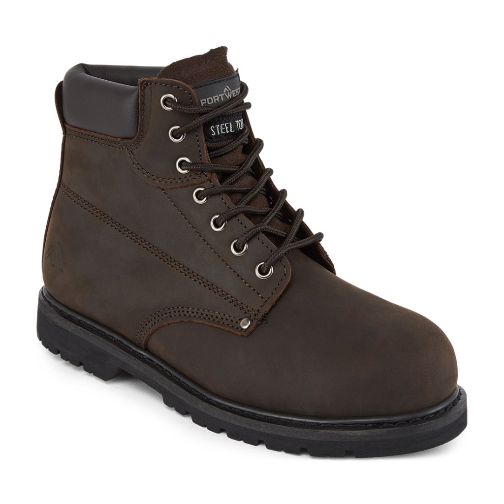 A brown composite safety boot with an anti-slip sole and padded collar, designed for comfort and protection during extended site work.