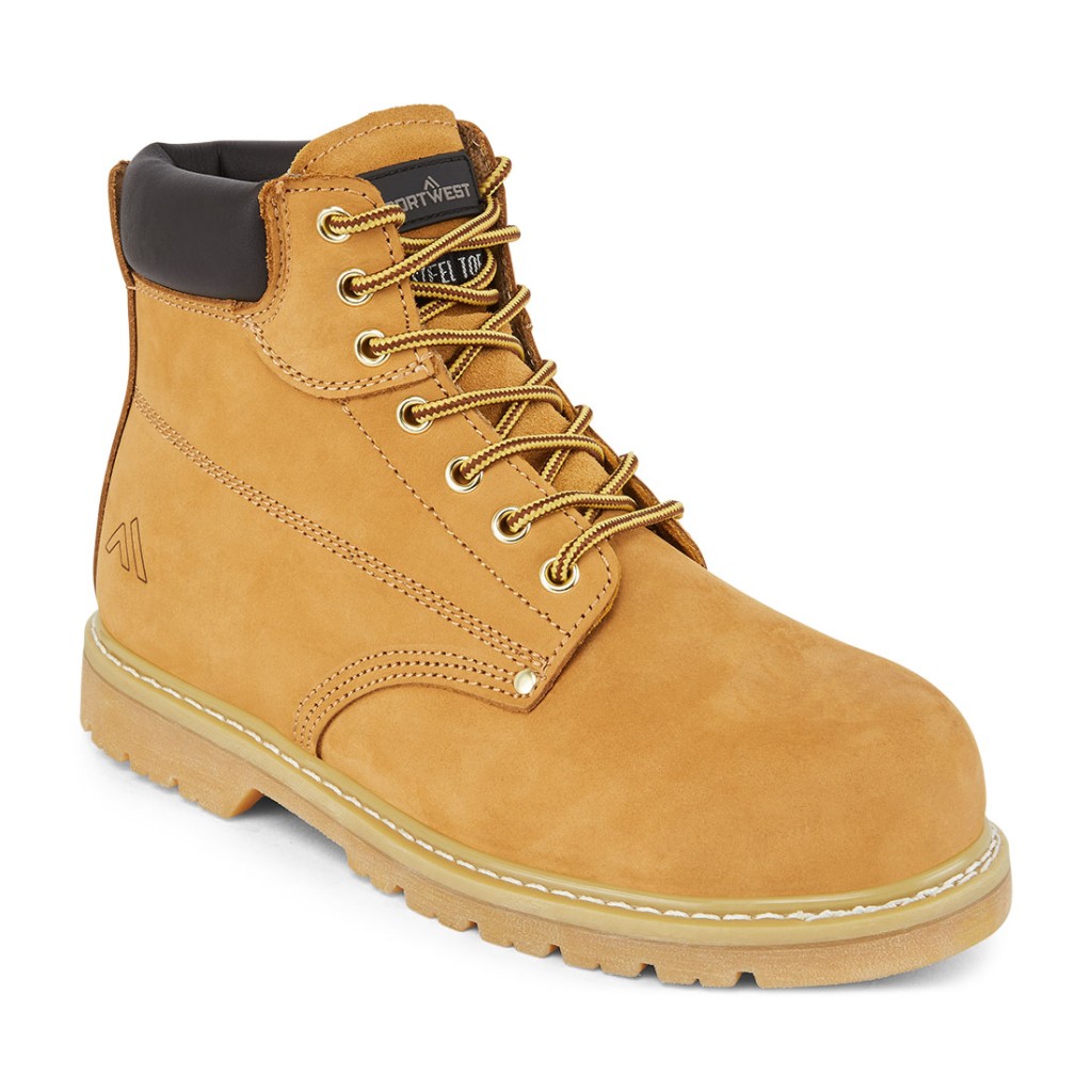 A composite safety boot with an anti-slip sole and padded collar, designed for comfort and protection during extended site work.