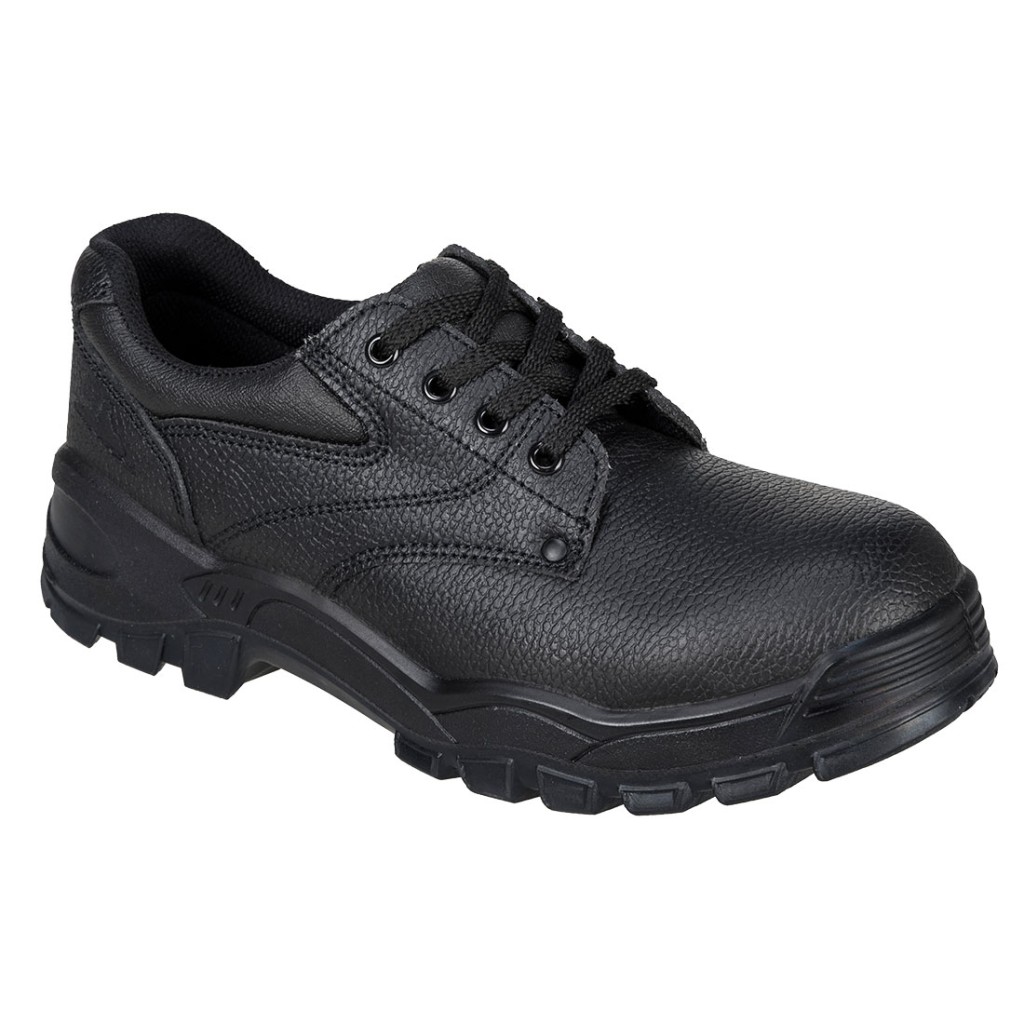 A black safety trainer with a composite toecap, a cushioned insole, and a lightweight anti-slip sole, suitable for lighter-duty site work.