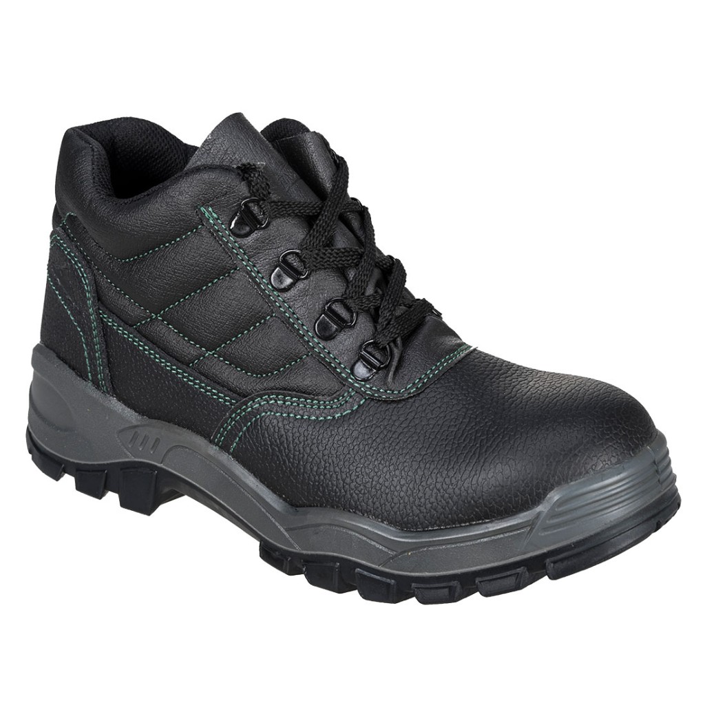 A black leather safety boot with an anti-slip sole and padded collar, designed for comfort and protection during extended site work.