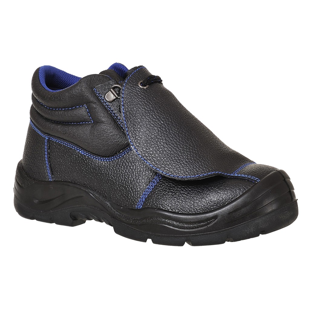 A black leather safety boot with an anti-slip sole and padded collar, designed for comfort and protection during extended site work.