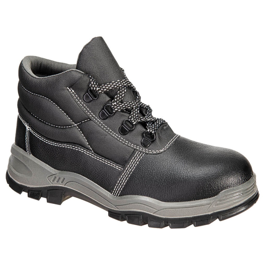 A black composite safety boot with an anti-slip sole and padded collar, designed for comfort and protection during extended site work.