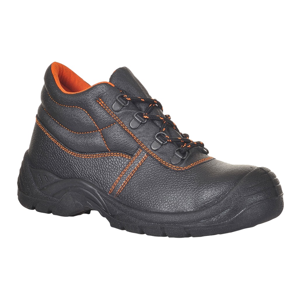 A black composite safety boot with an anti-slip sole and padded collar, designed for comfort and protection during extended site work.