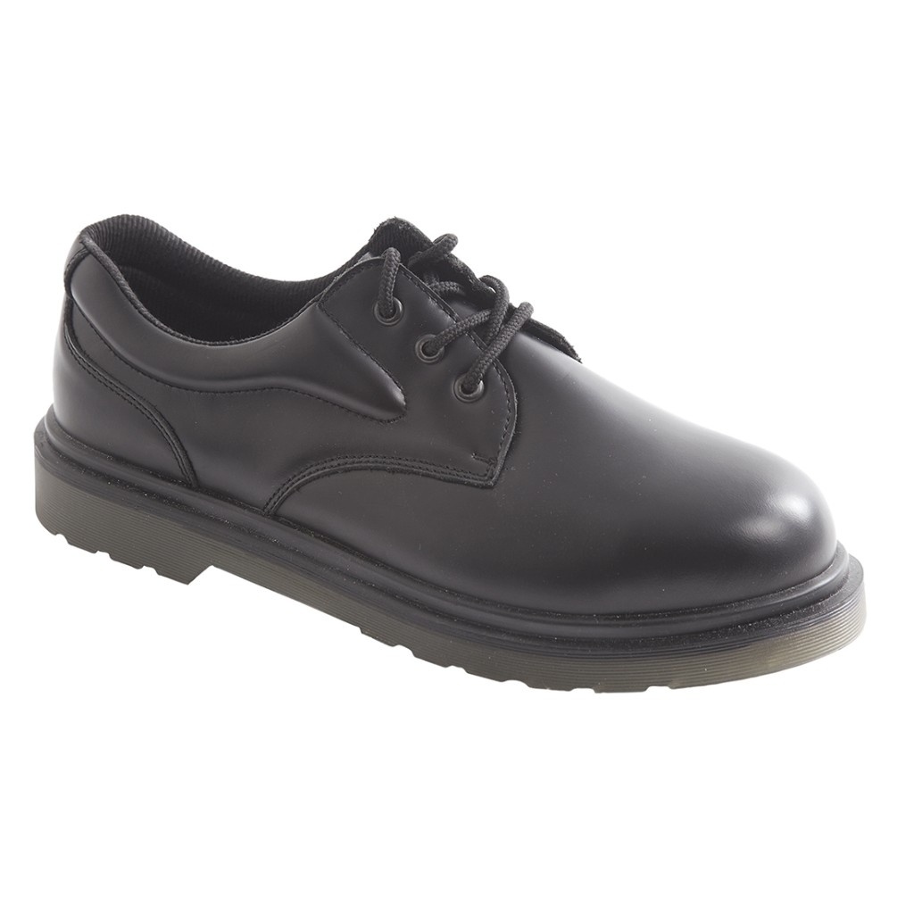 A black safety trainer with a composite toecap, a cushioned insole, and a lightweight anti-slip sole, suitable for lighter-duty site work.