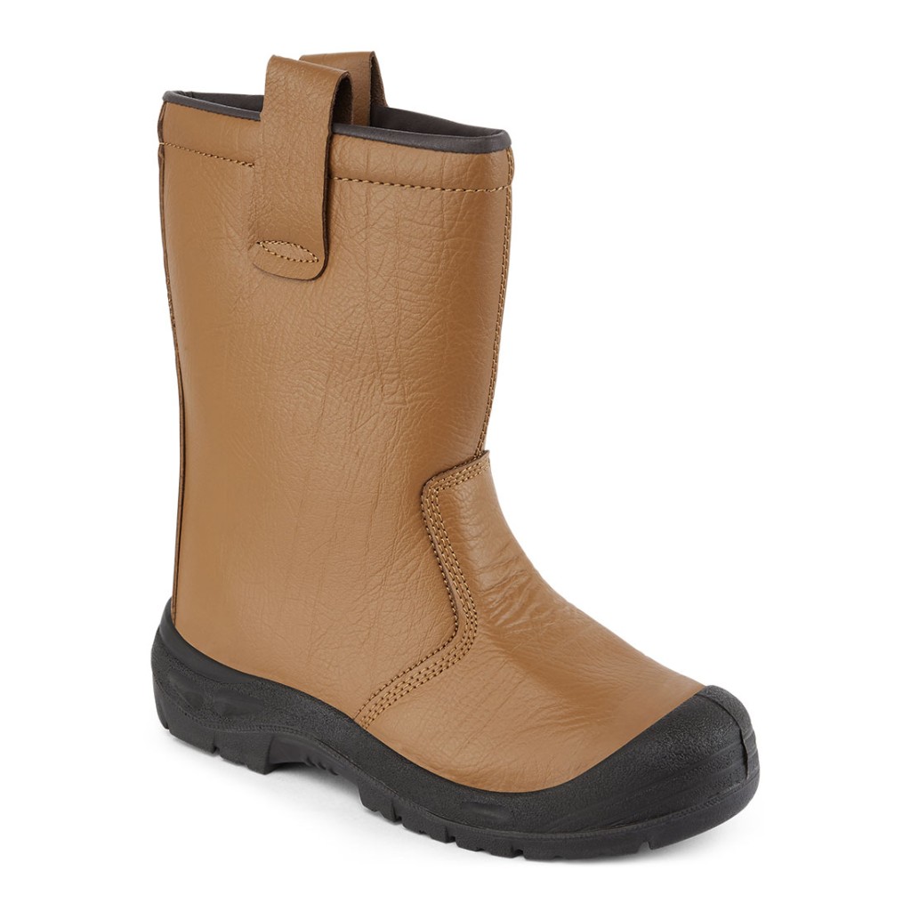 A tan leather safety boot with an anti-slip sole and padded collar, designed for comfort and protection during extended site work.