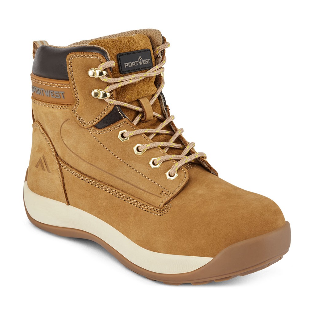 A leather safety boot with an anti-slip sole and padded collar, designed for comfort and protection during extended site work.