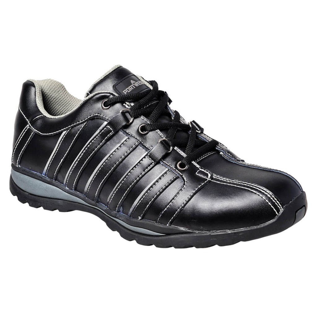 A black safety trainer with a composite toecap, a cushioned insole, and a lightweight anti-slip sole, suitable for lighter-duty site work.