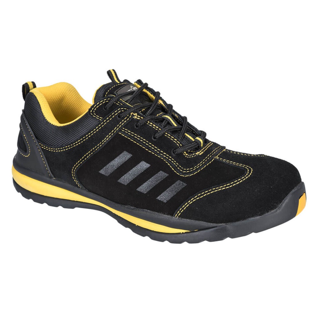 A black safety trainer with a composite toecap, a cushioned insole, and a lightweight anti-slip sole, suitable for lighter-duty site work.