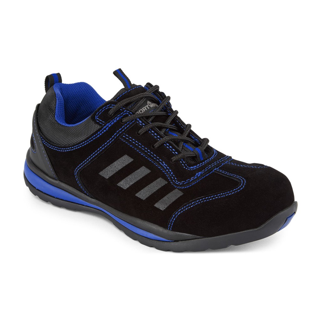 A blue safety trainer with a composite toecap, a cushioned insole, and a lightweight anti-slip sole, suitable for lighter-duty site work.