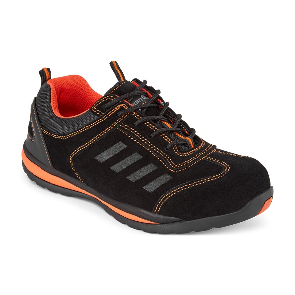 A orange safety trainer with a composite toecap, a cushioned insole, and a lightweight anti-slip sole, suitable for lighter-duty site work.