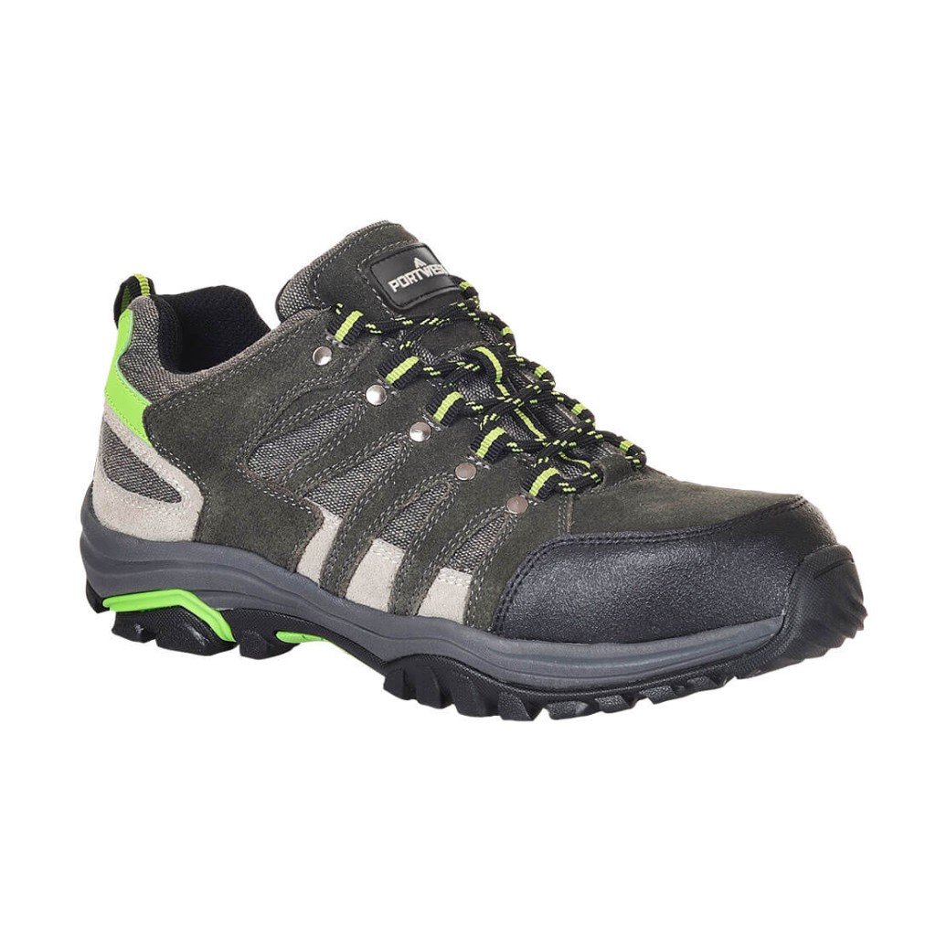 A grey safety trainer with a composite toecap, a cushioned insole, and a lightweight anti-slip sole, suitable for lighter-duty site work.