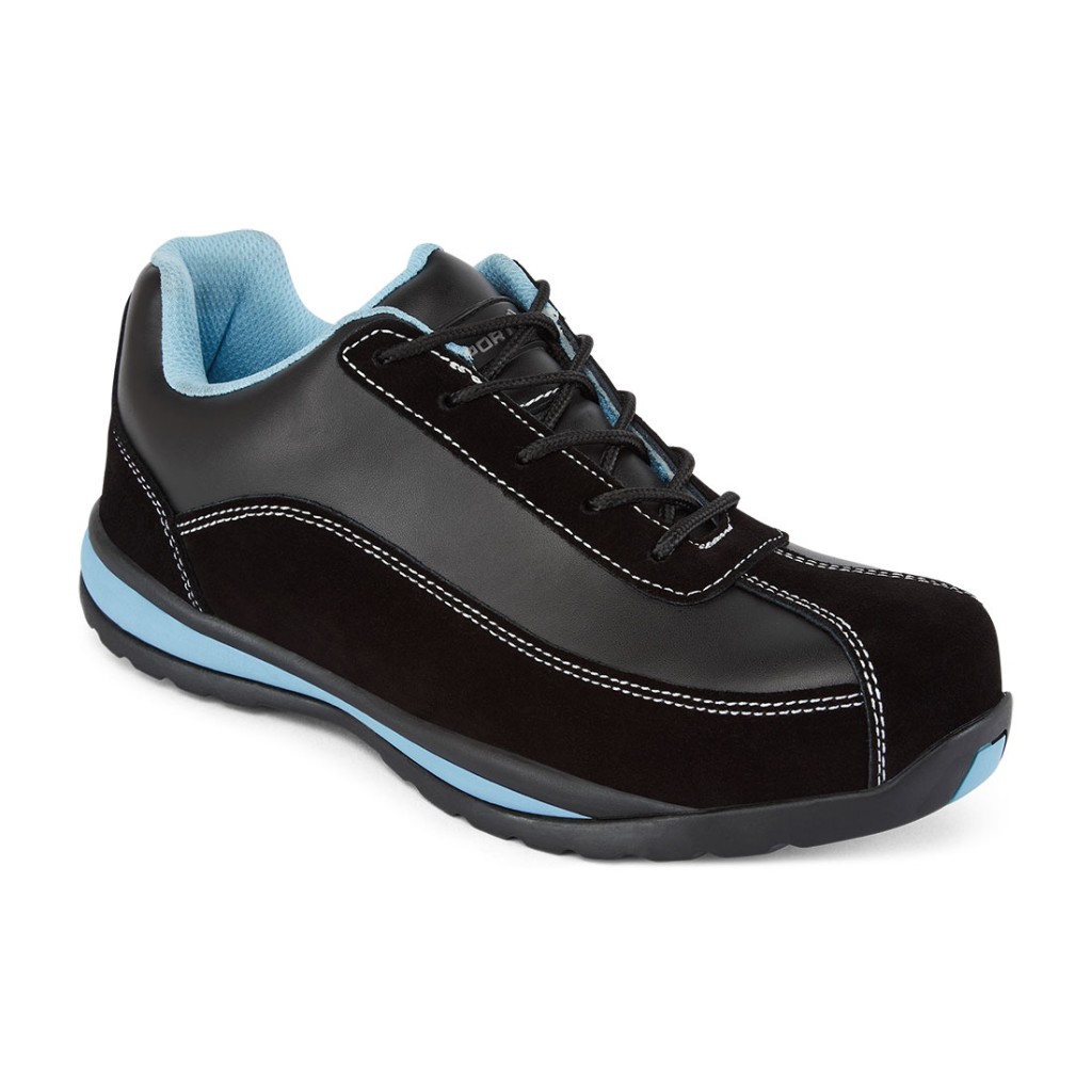A black safety trainer with a composite toecap, a cushioned insole, and a lightweight anti-slip sole, suitable for lighter-duty site work.