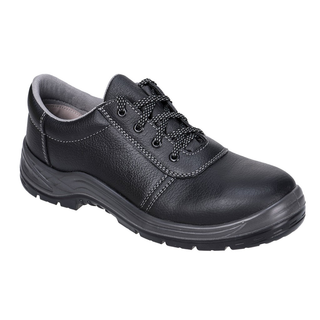 A black safety trainer with a composite toecap, a cushioned insole, and a lightweight anti-slip sole, suitable for lighter-duty site work.