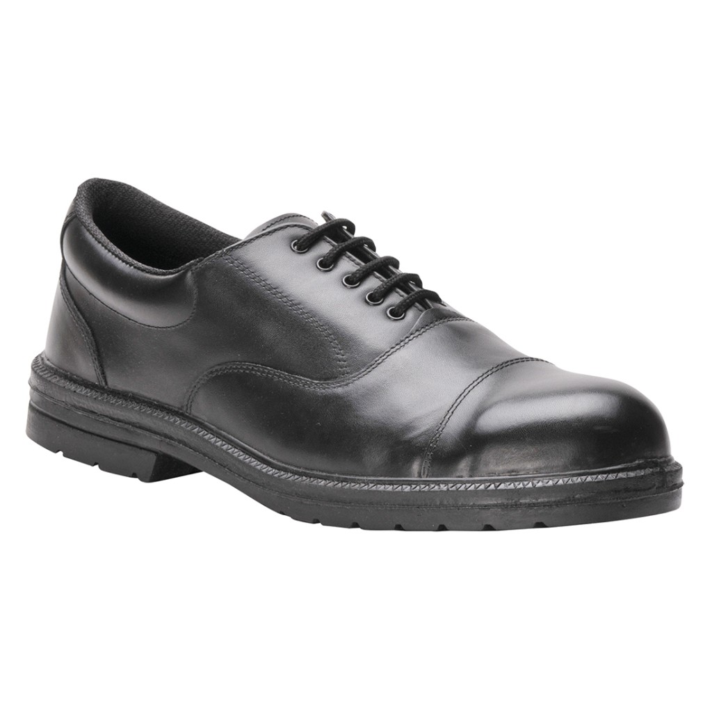 A black safety trainer with a composite toecap, a cushioned insole, and a lightweight anti-slip sole, suitable for lighter-duty site work.