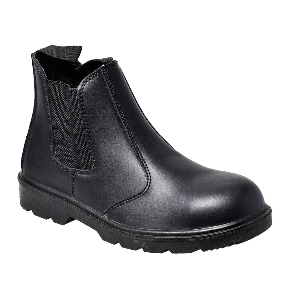 A black composite safety boot with an anti-slip sole and padded collar, designed for comfort and protection during extended site work.