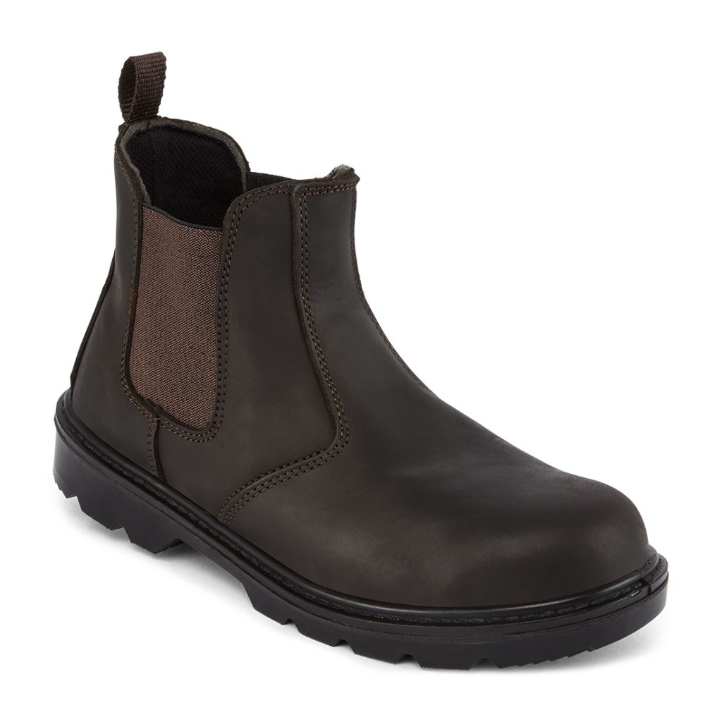 A brown composite safety boot with an anti-slip sole and padded collar, designed for comfort and protection during extended site work.