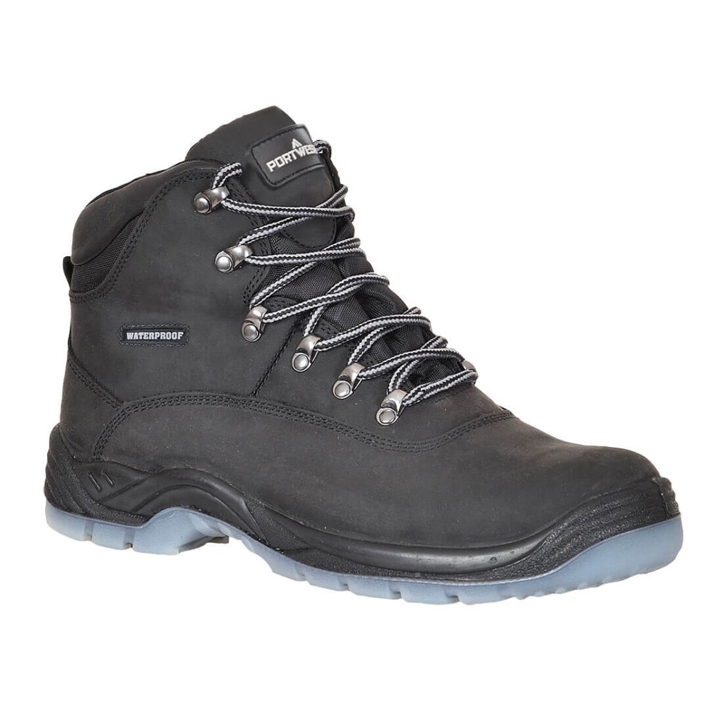 A black composite safety boot with an anti-slip sole and padded collar, designed for comfort and protection during extended site work.