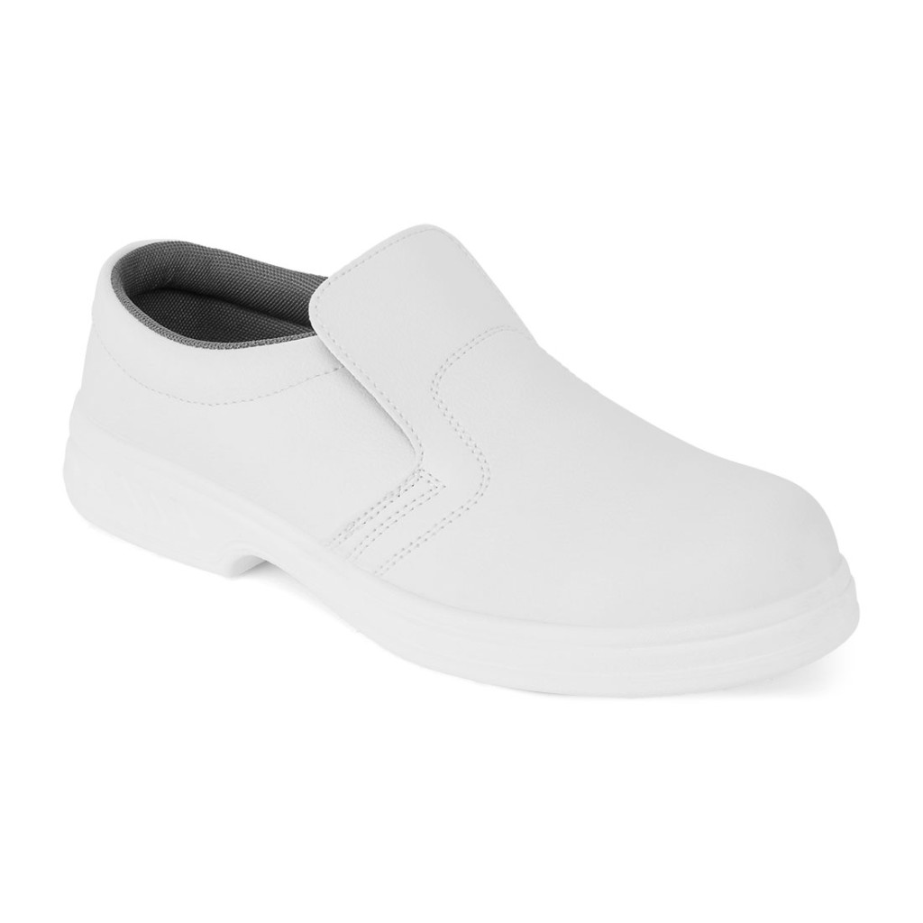 A white safety trainer with a composite toecap, a cushioned insole, and a lightweight anti-slip sole, suitable for lighter-duty site work.