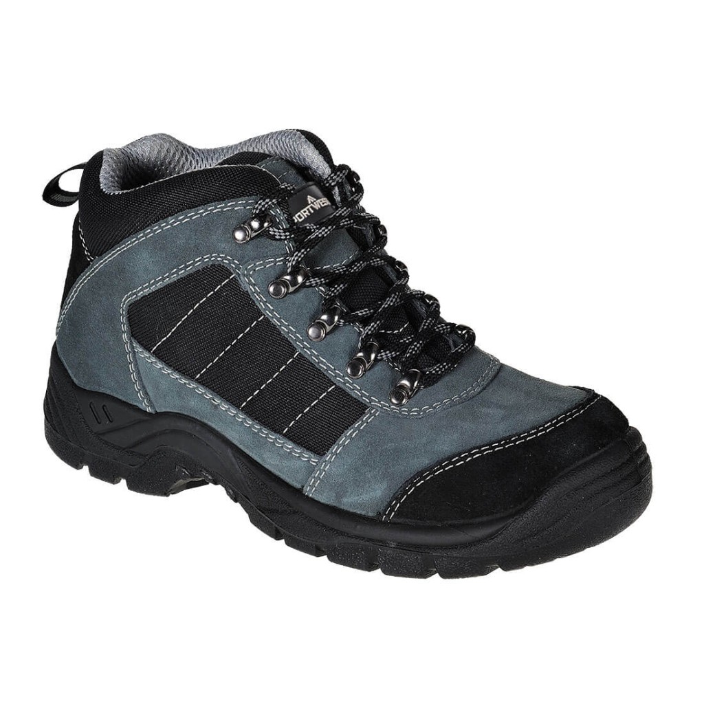 A black composite safety boot with an anti-slip sole and padded collar, designed for comfort and protection during extended site work.