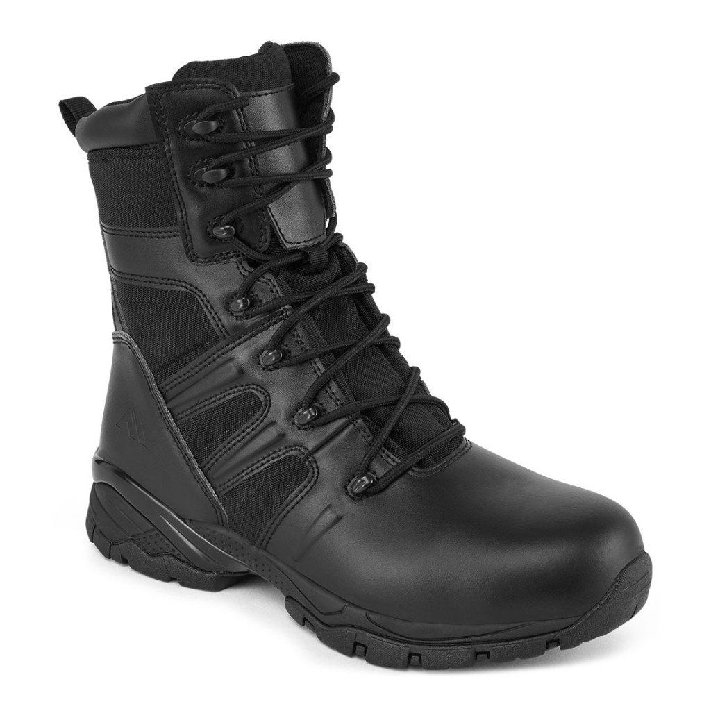 A black composite safety boot with an anti-slip sole and padded collar, designed for comfort and protection during extended site work.