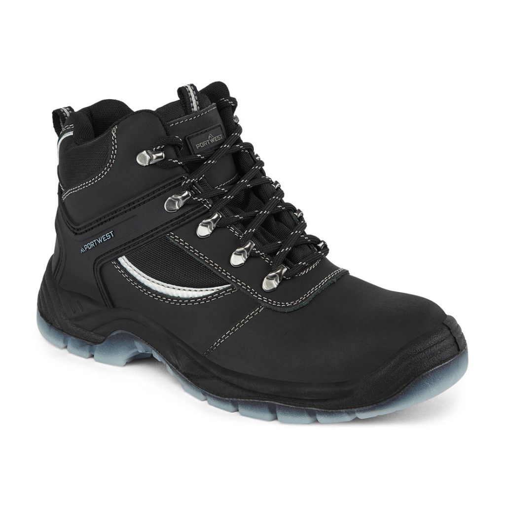 A black leather safety boot with an anti-slip sole and padded collar, designed for comfort and protection during extended site work.