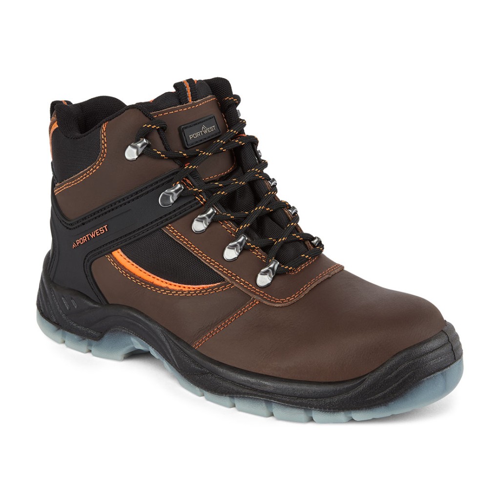 A brown leather safety boot with an anti-slip sole and padded collar, designed for comfort and protection during extended site work.