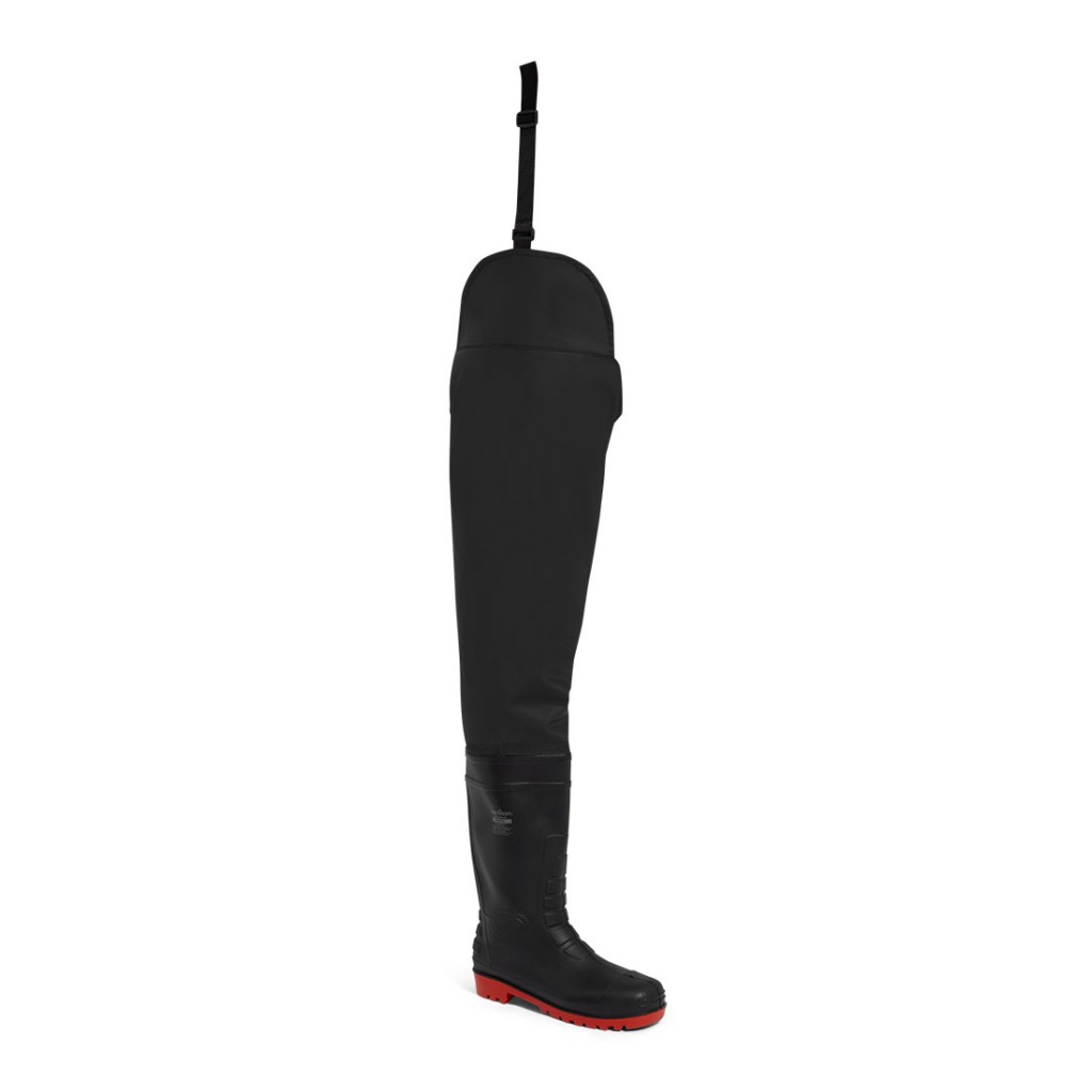 A black workwear garment designed for use on construction sites and in industrial work environments.,