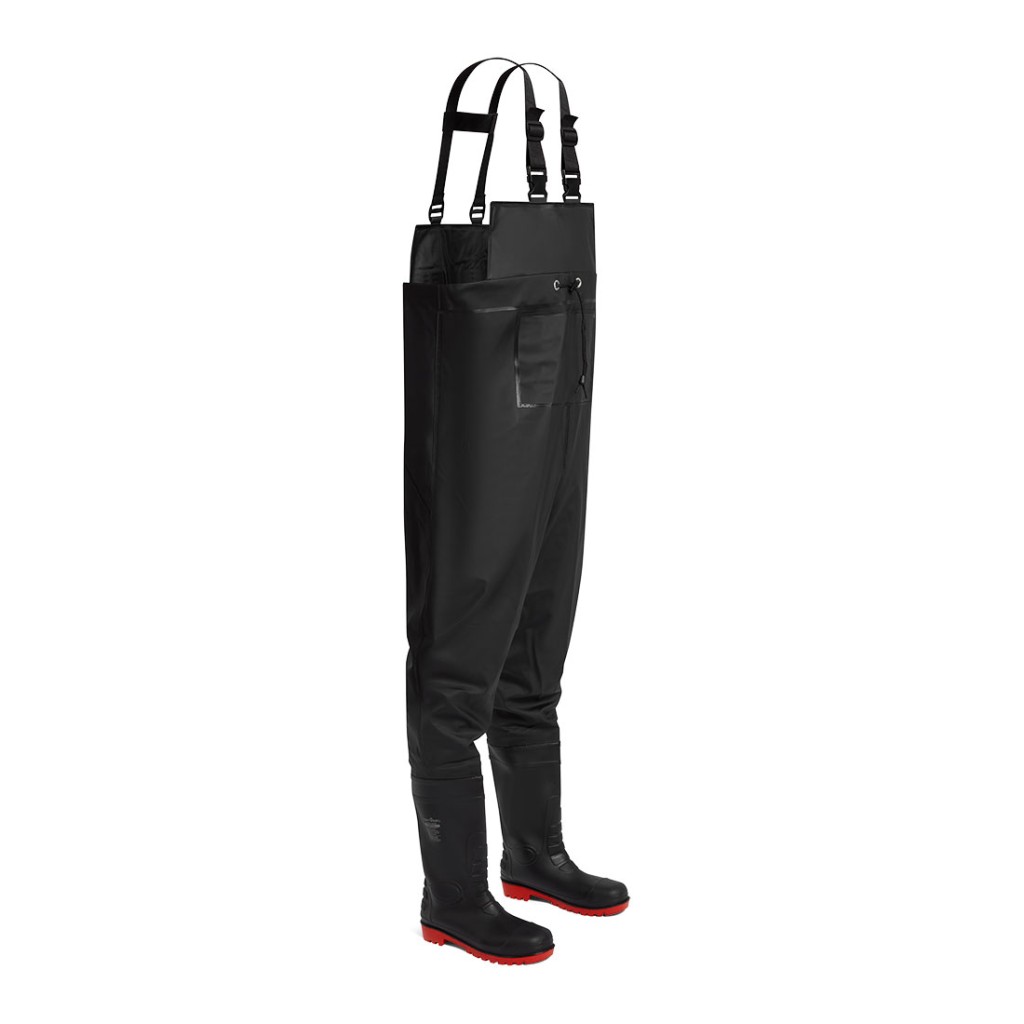 A black workwear garment designed for use on construction sites and in industrial work environments.,