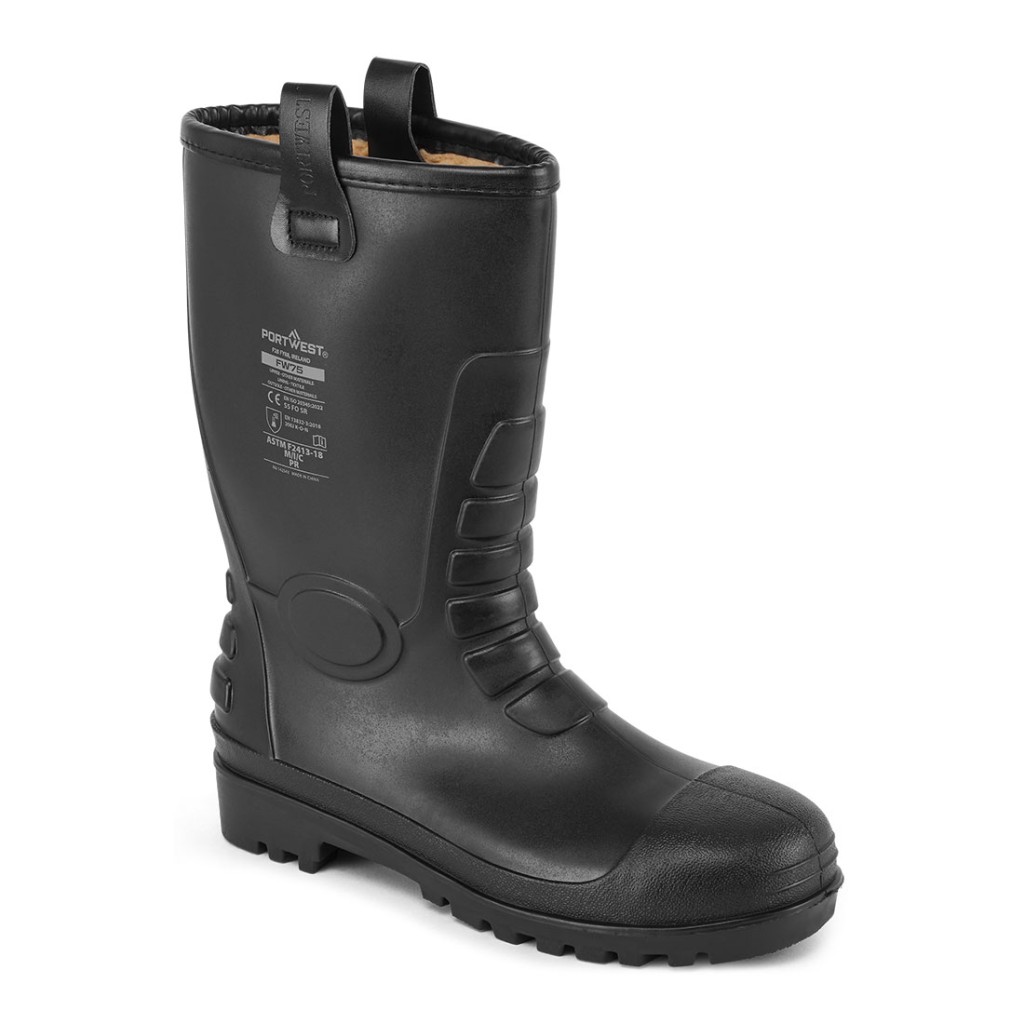 A black composite safety boot with an anti-slip sole and padded collar, designed for comfort and protection during extended site work.