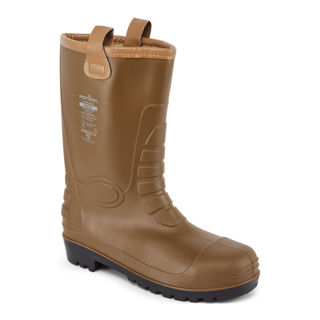 A tan composite safety boot with an anti-slip sole and padded collar, designed for comfort and protection during extended site work.