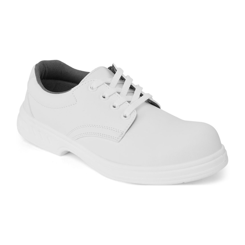 A white safety trainer with a composite toecap, a cushioned insole, and a lightweight anti-slip sole, suitable for lighter-duty site work.