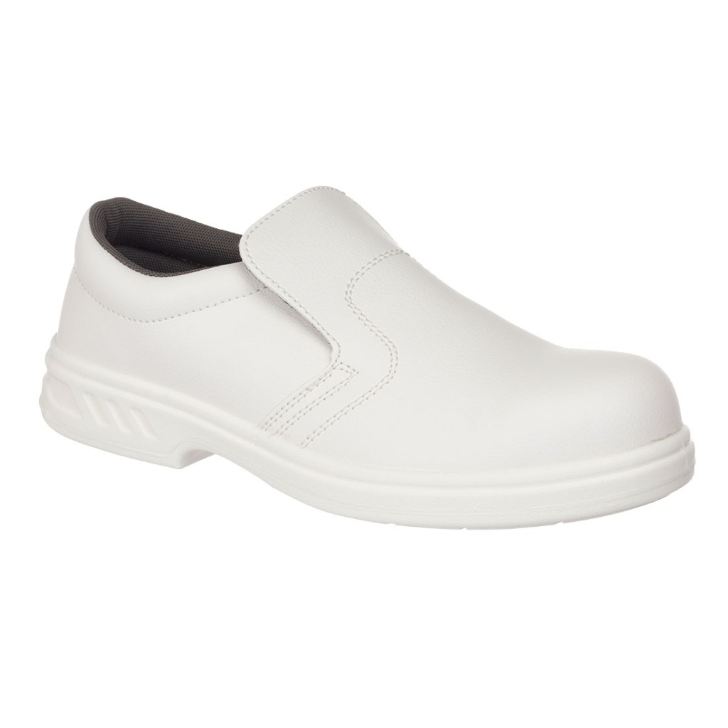 A white safety trainer with a composite toecap, a cushioned insole, and a lightweight anti-slip sole, suitable for lighter-duty site work.