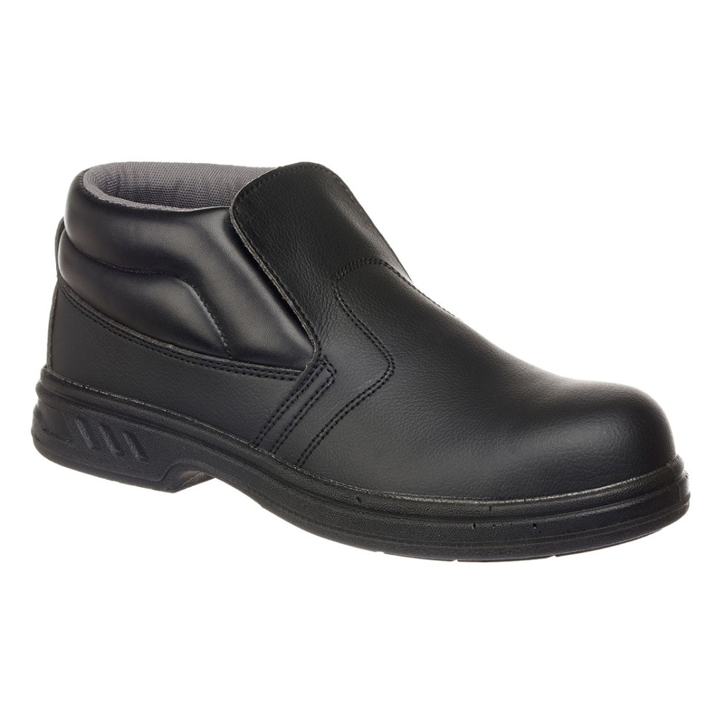 A black composite safety boot with an anti-slip sole and padded collar, designed for comfort and protection during extended site work.