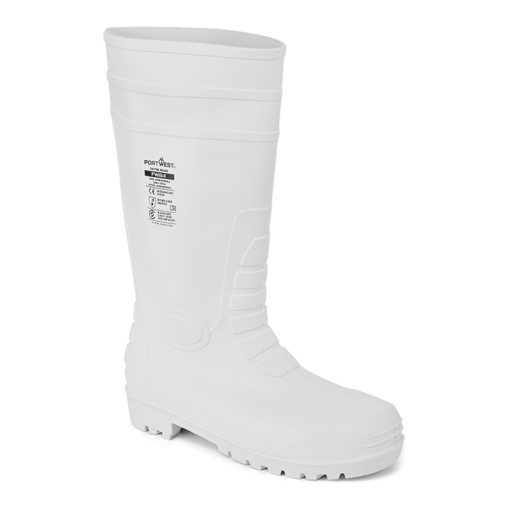 A white workwear garment designed for use on construction sites and in industrial work environments.,