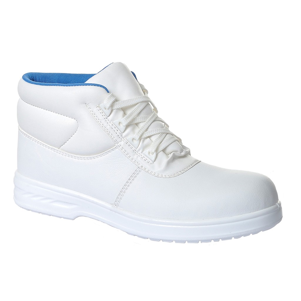 A white composite safety boot with an anti-slip sole and padded collar, designed for comfort and protection during extended site work.