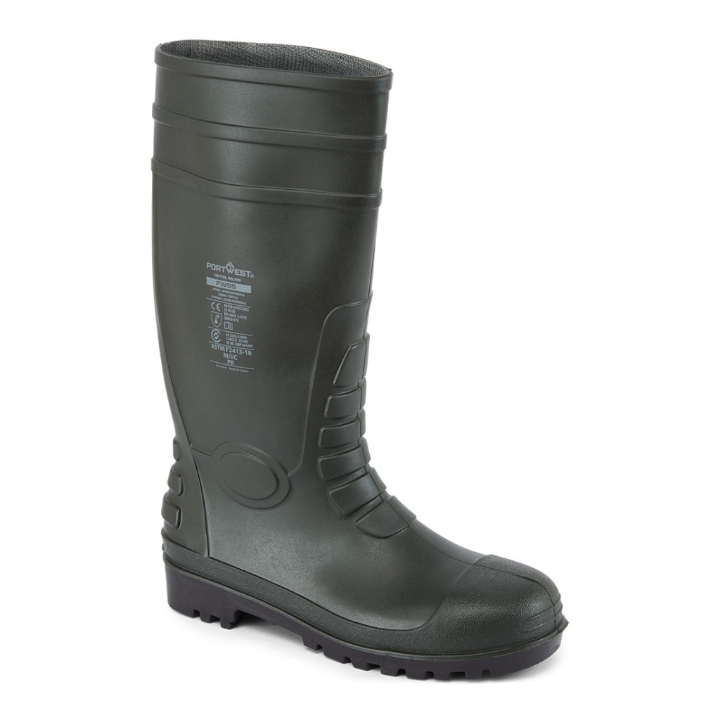 A green workwear garment designed for use on construction sites and in industrial work environments.,