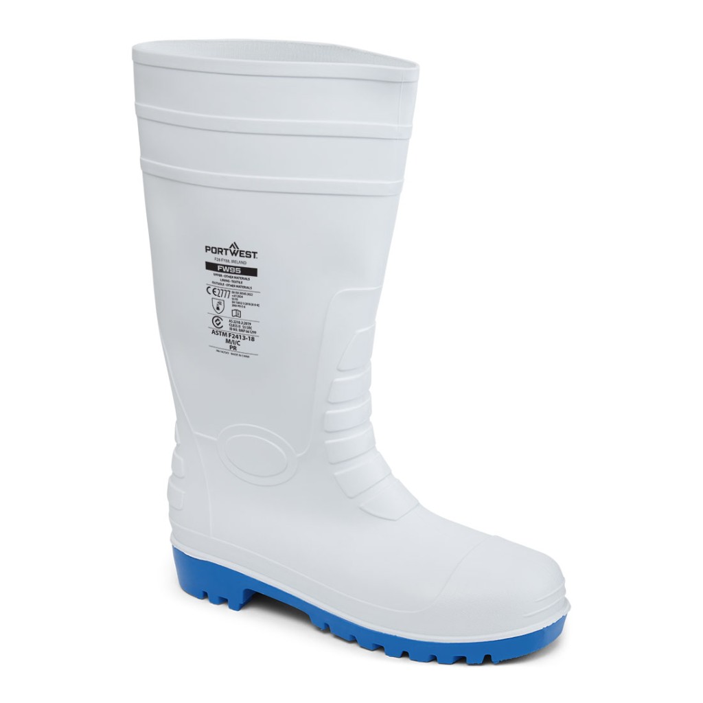 A white workwear garment designed for use on construction sites and in industrial work environments.,